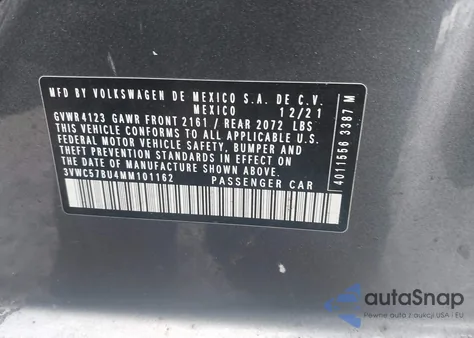 2021 Volkswagen Jetta 1.4T R-Line/1.4T S/1.4T Se из США, поврежденный, VIN 3VWC57BU4MM101162